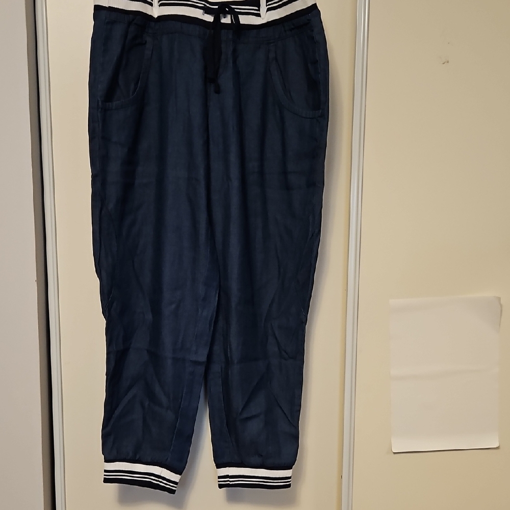 ladies Dark navy Blue soft cotton  Pants with Striped Waistband